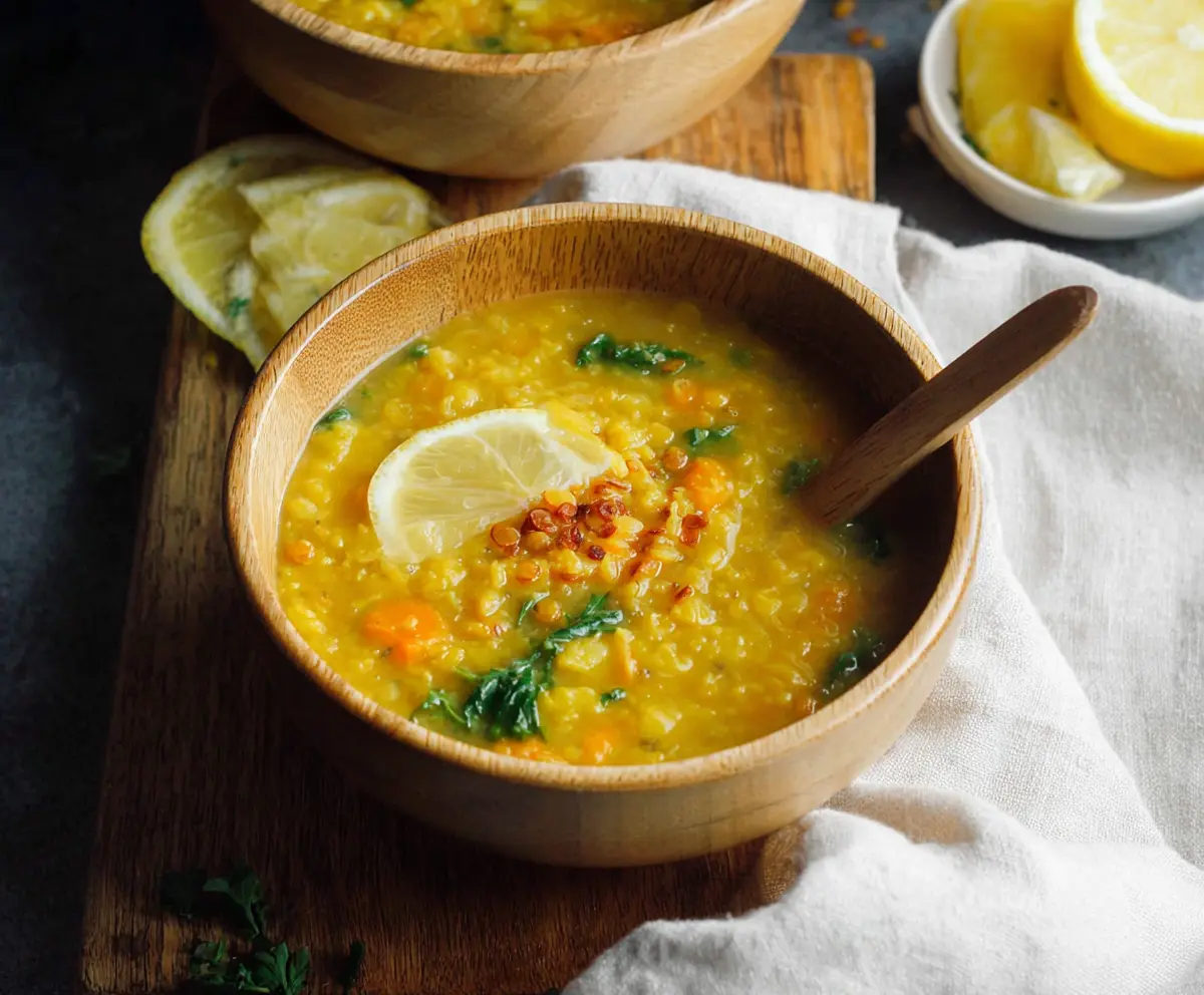 Delicious golden lemon lentil soup served in a bowl with fresh herbs on a wooden table.
