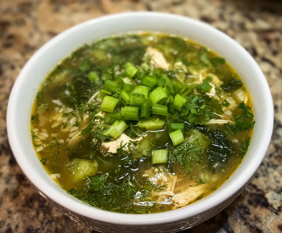 Delicious green garlic and ginger chicken and rice soup in a bowl, perfect for comforting dinners