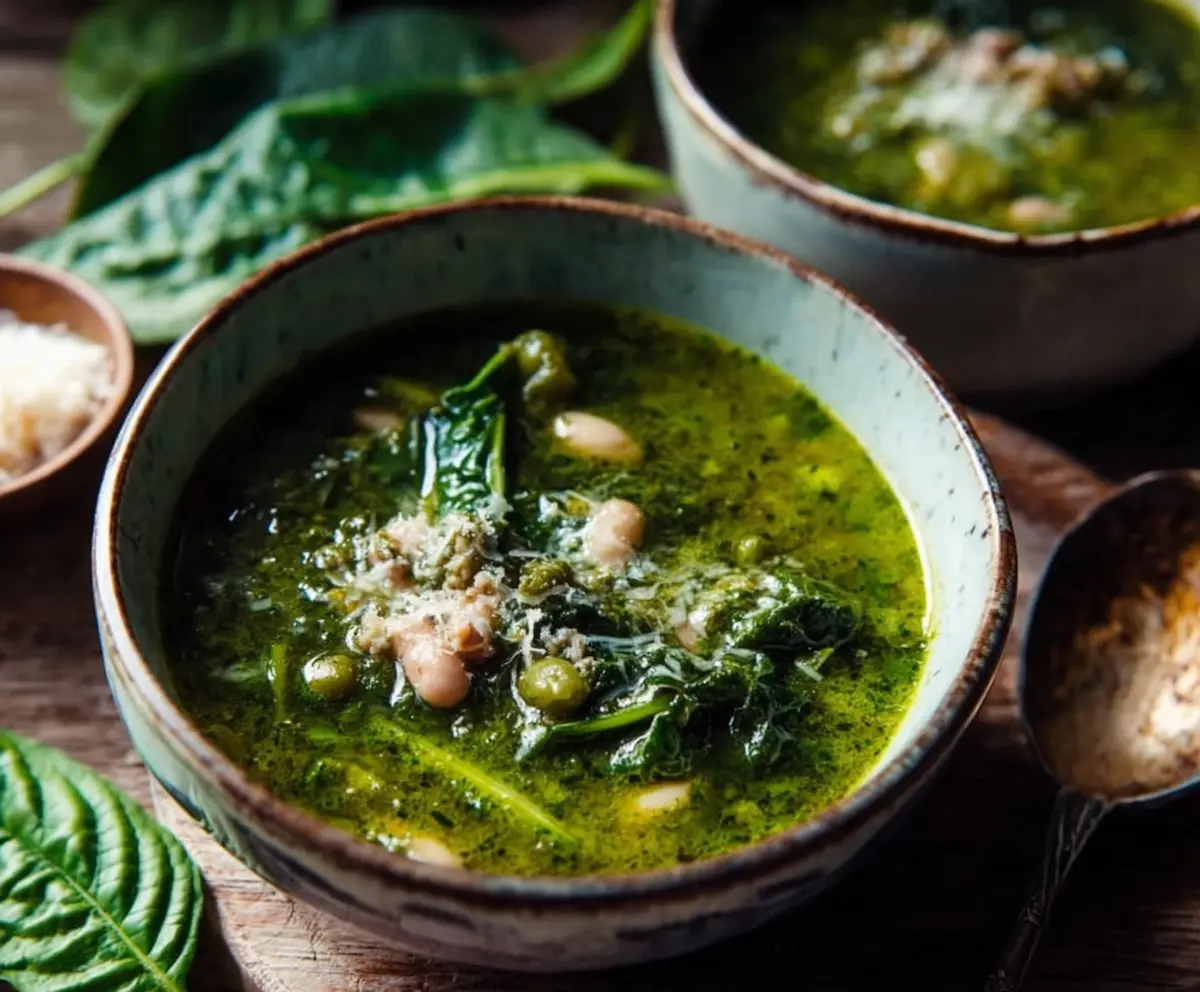 Delicious green soup with pesto, fresh greens, and beans in a bowl.