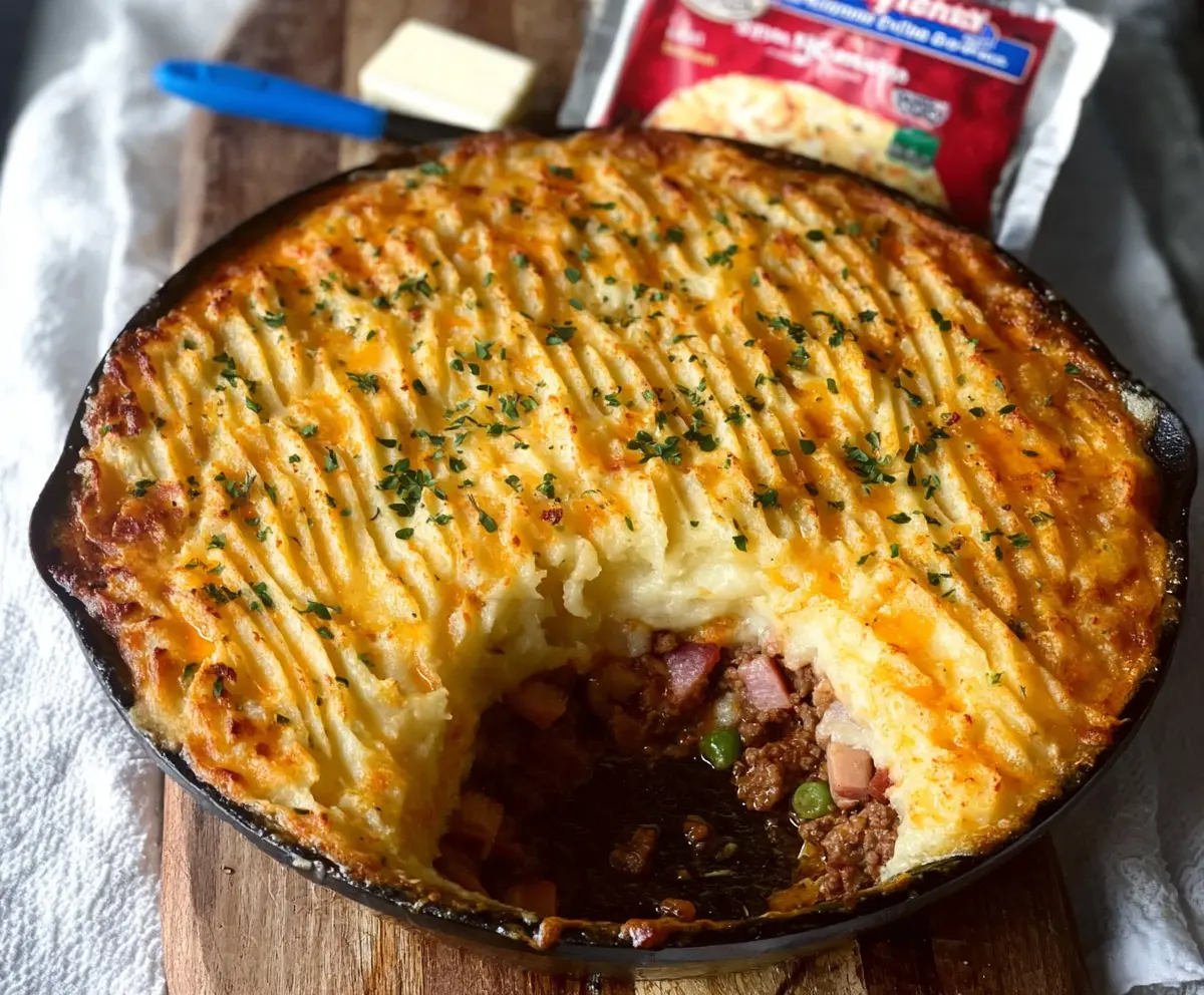 Delicious homemade Ham Shepherd's Pie with golden mashed potato topping and savory ham filling.