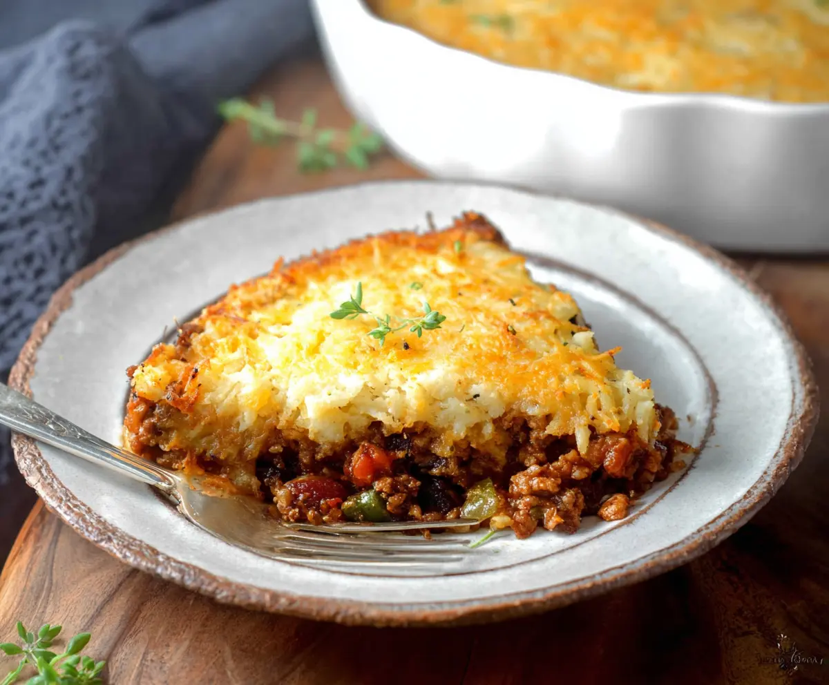Delicious Hash Brown Shepherd's Pie topped with golden crispy hash browns and savory filling.