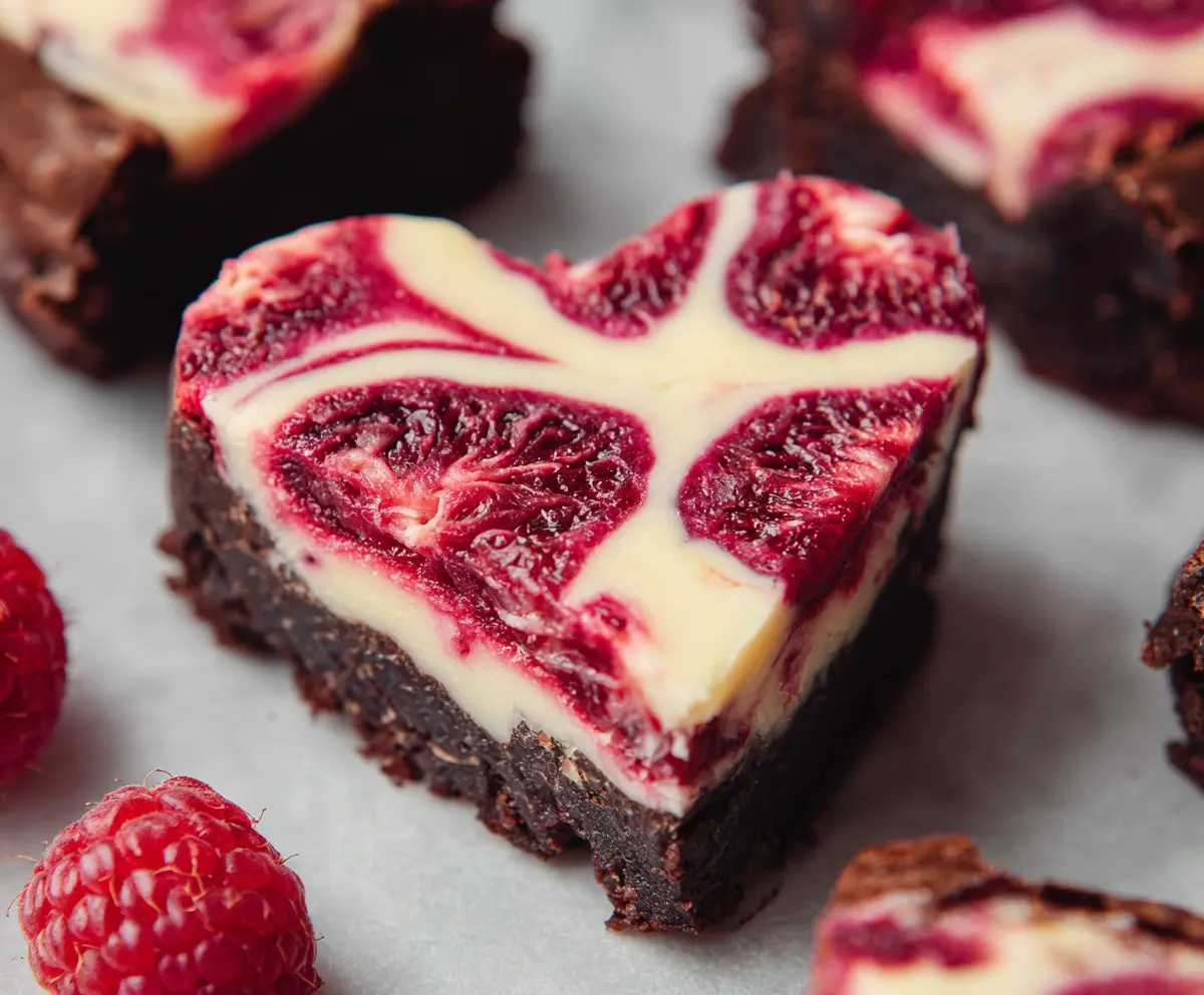 Delicious heart-shaped raspberry cheesecake brownies with a glossy berry topping.