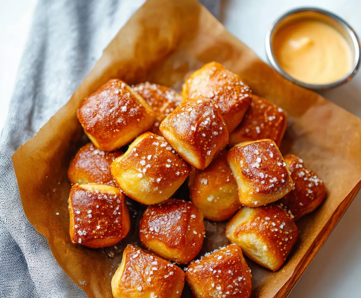 Delicious homemade soft pretzel bites served with mustard and cheese dipping sauces.