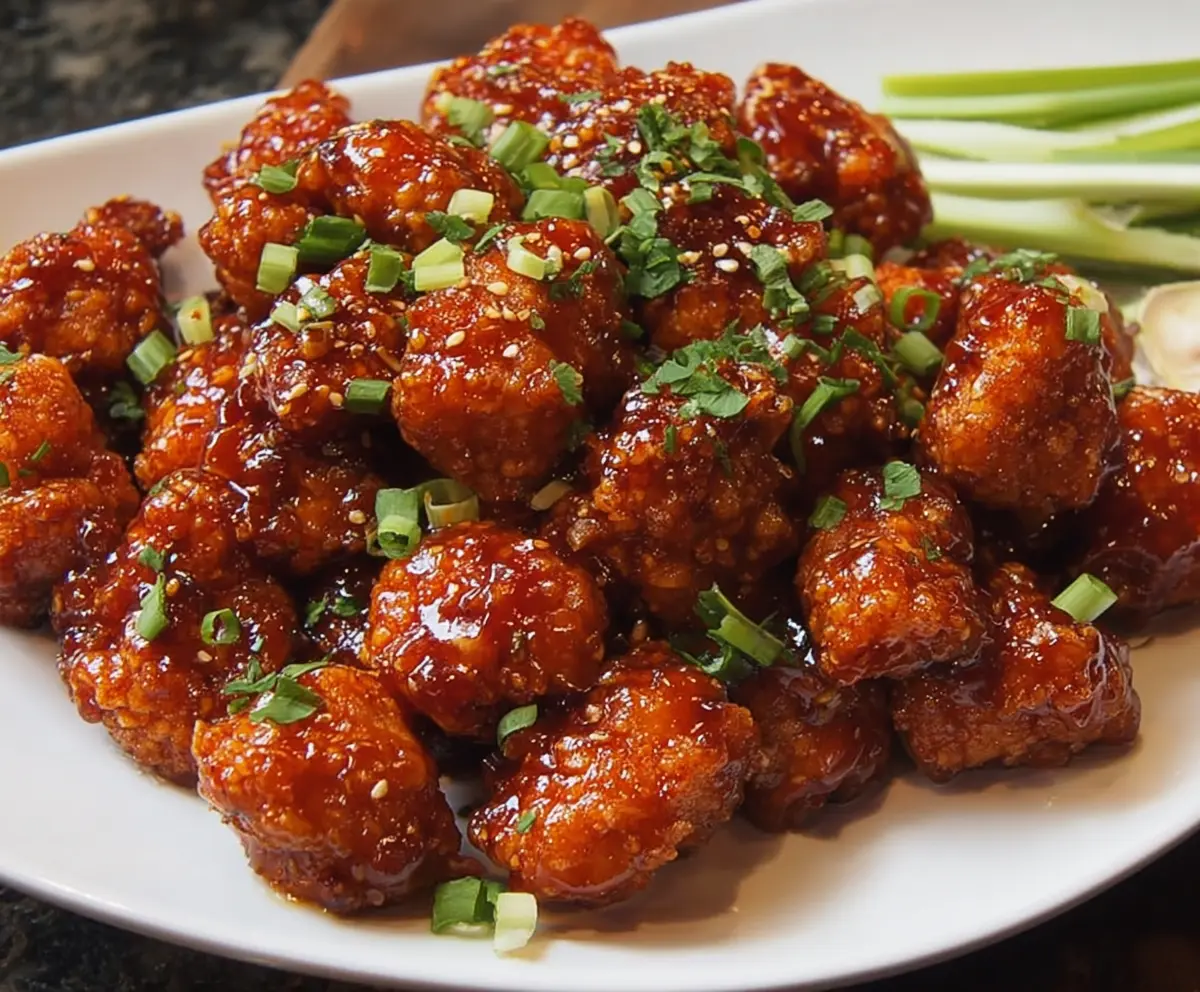 Golden Honey BBQ Popcorn Chicken served with a side of fresh vegetables in a vibrant dish.
