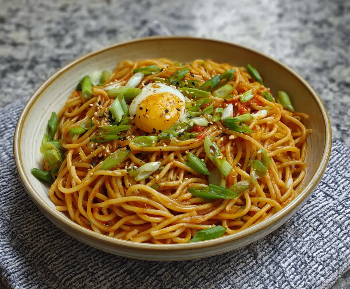 Plate of steaming Korean Garlic Noodles topped with chopped green onions and sesame seeds.