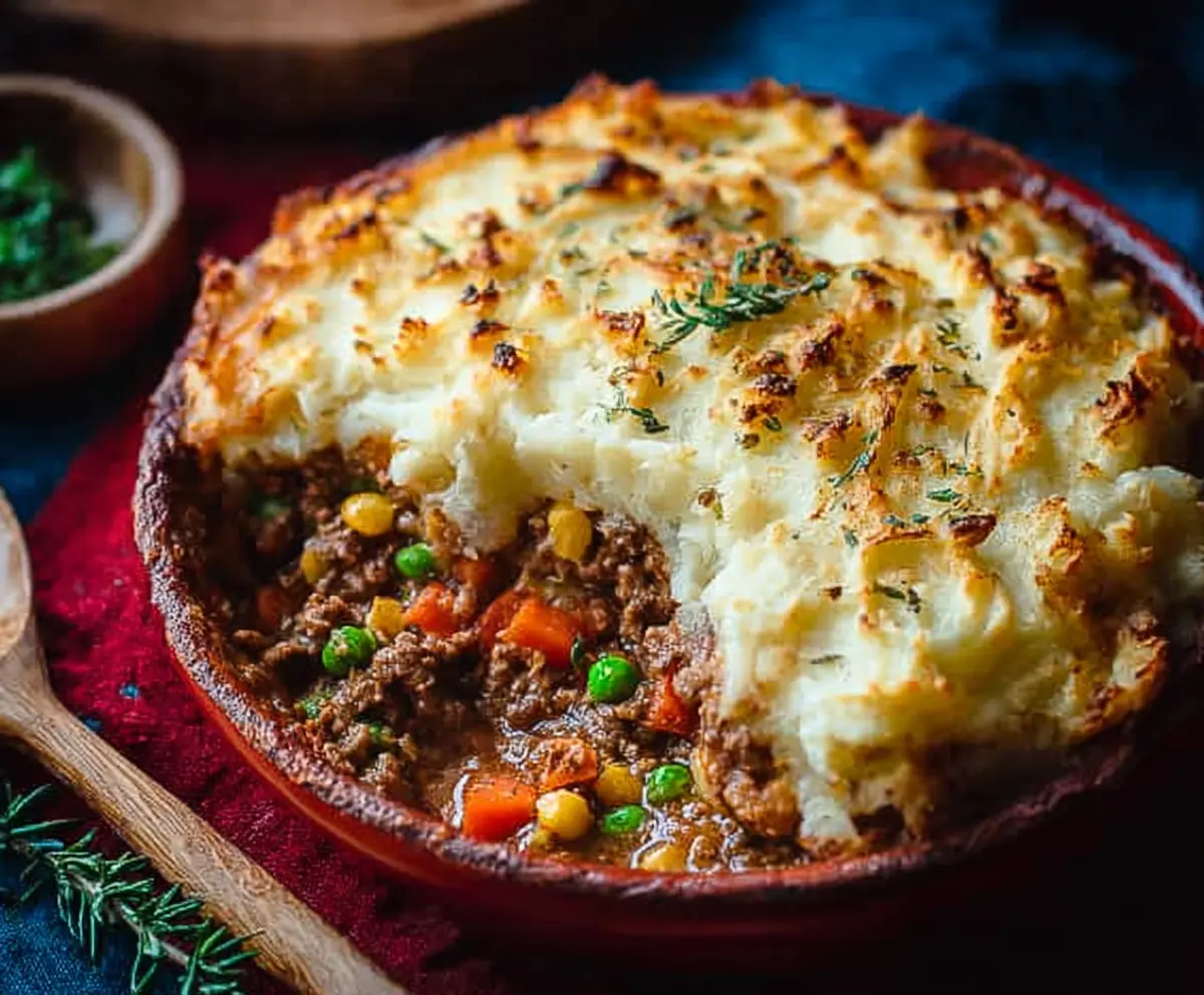 Delicious Lamb Shepherd's Pie topped with golden mashed potatoes and fresh herbs.