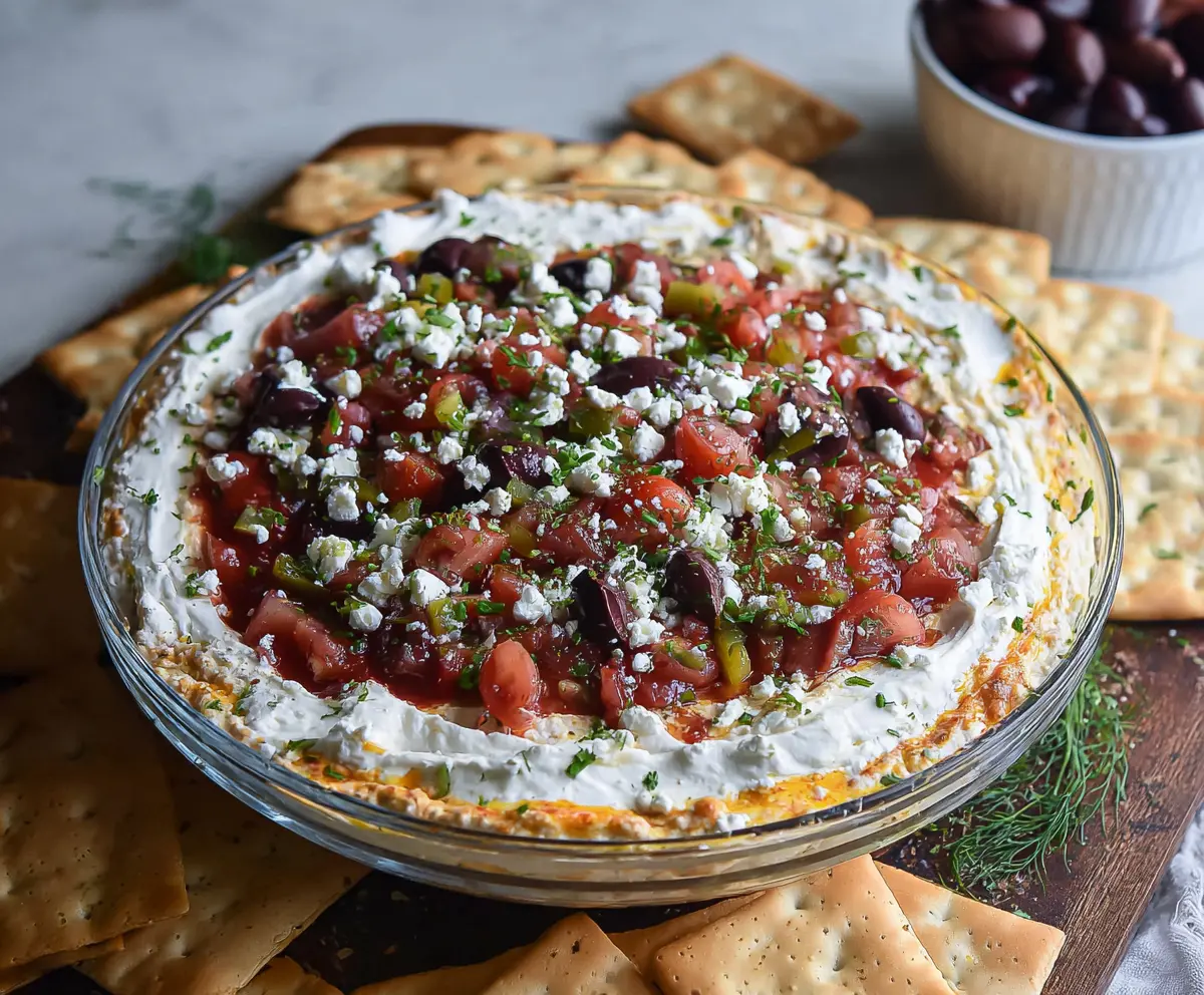 Delicious layered Greek dip with colorful vegetables, feta cheese, and herbs served in a glass dish.