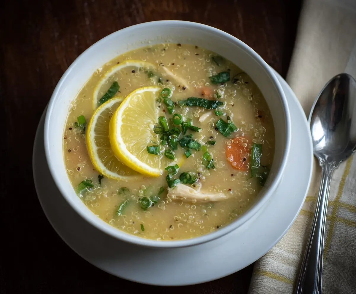 Warm Lemon Chicken Quinoa Soup in a bowl, garnished with fresh herbs and lemon slices for a hearty, healthy meal.