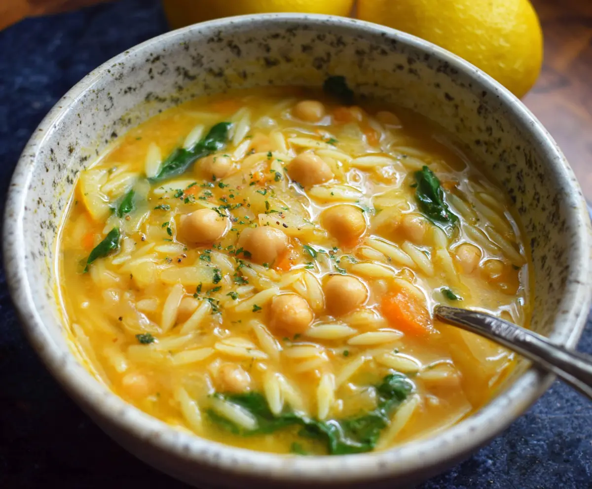 Hearty Lemon Chickpea Orzo Soup in a bowl with fresh herbs and lemon slices.