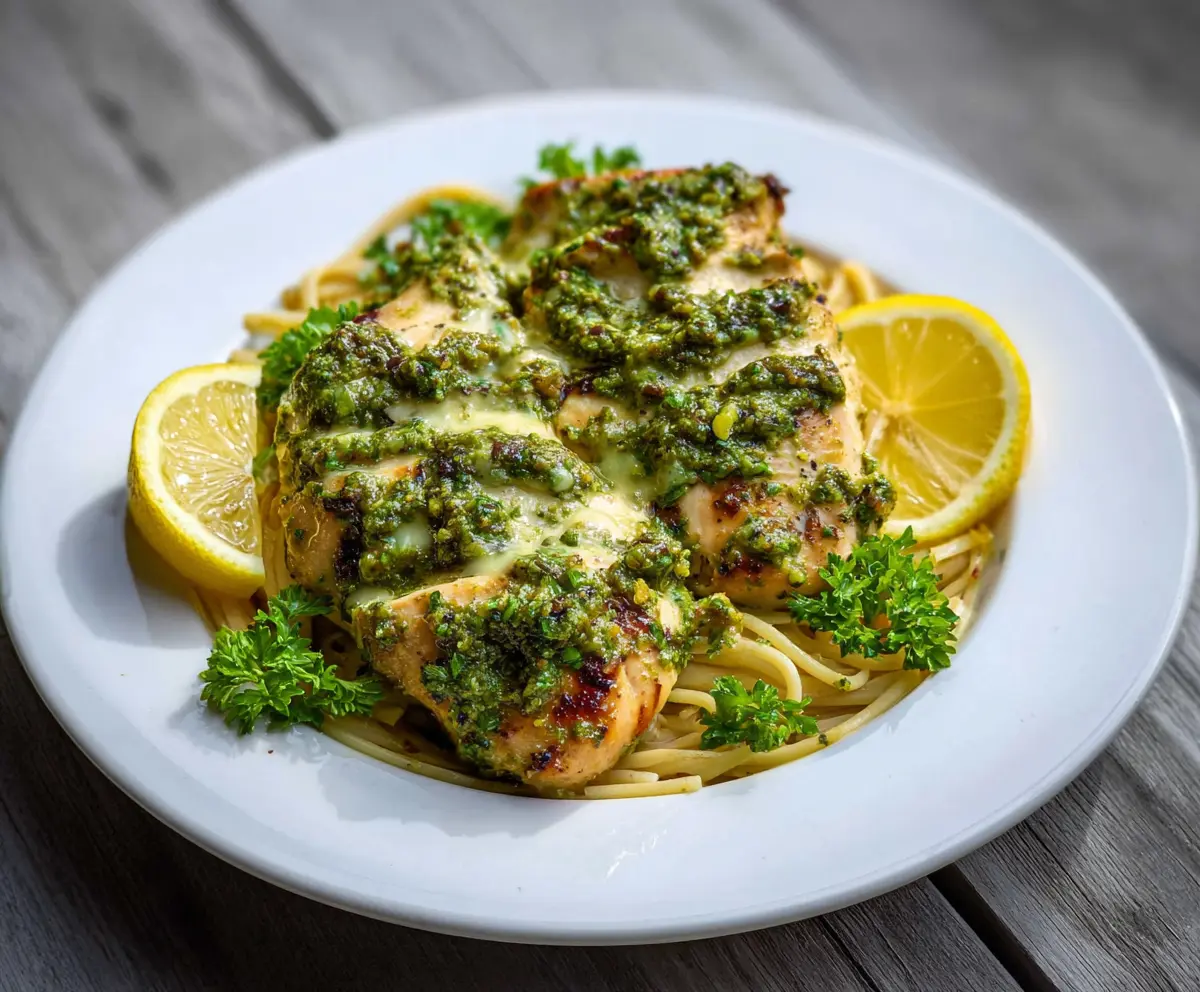 Delicious Lemon Pesto Chicken served on a white plate with fresh herbs.