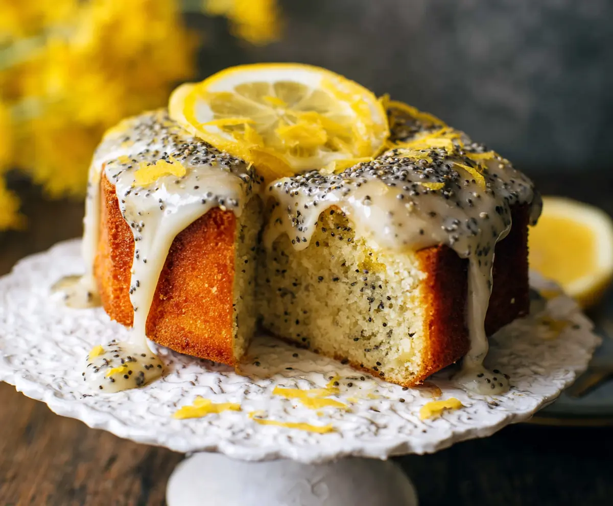 Delicious lemon poppy seed cake with a moist crumb and vibrant lemon glaze.