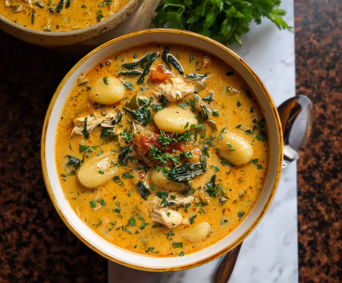 Creamy Marry Me Tuscan Chicken Gnocchi Soup served in a bowl with fresh herbs.