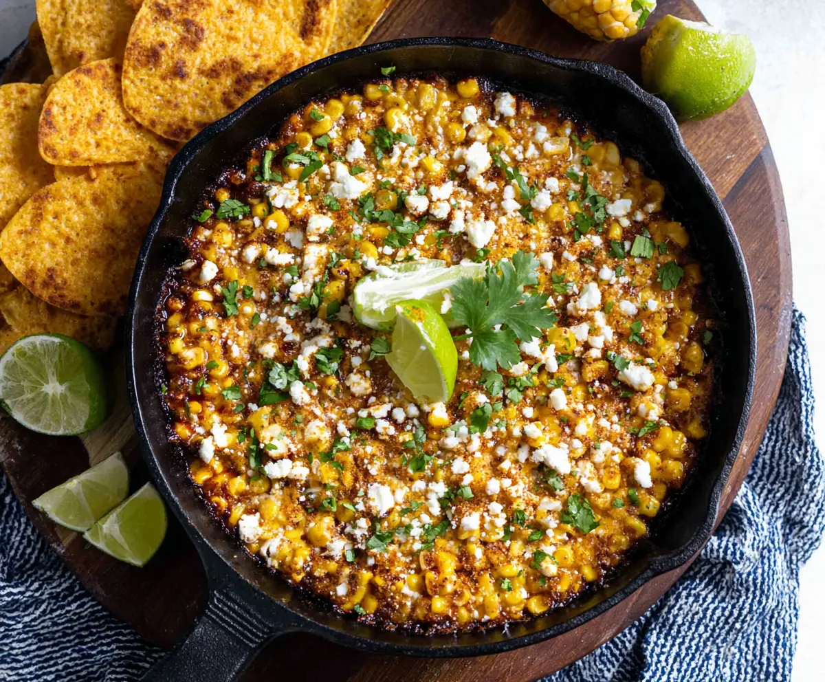 Creamy Mexican Street Corn Skillet Dip with corn, cheese, and spices served in a skillet.