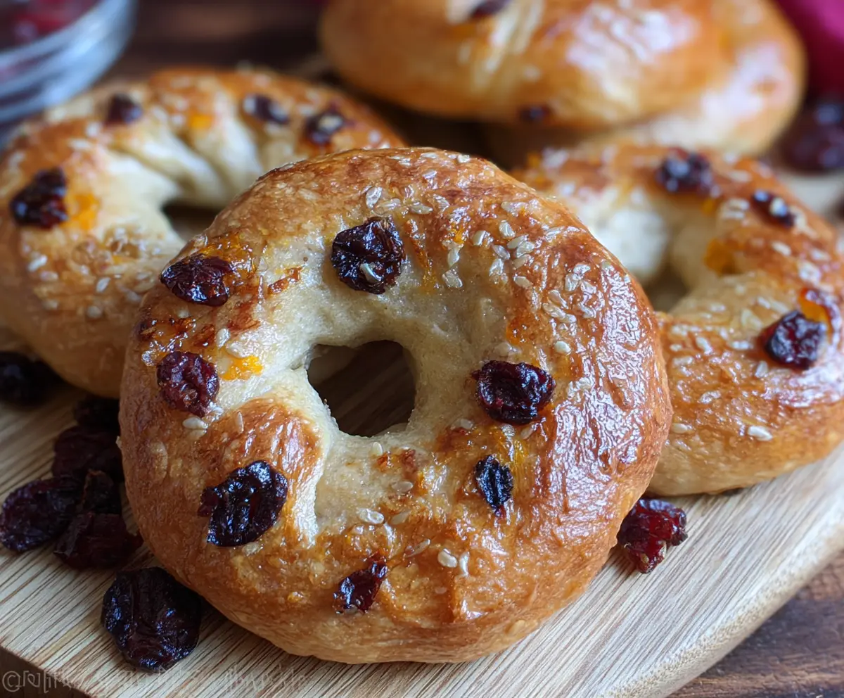 Close-up of mini cranberry orange bagels with vibrant orange zest and bright cranberries on top.