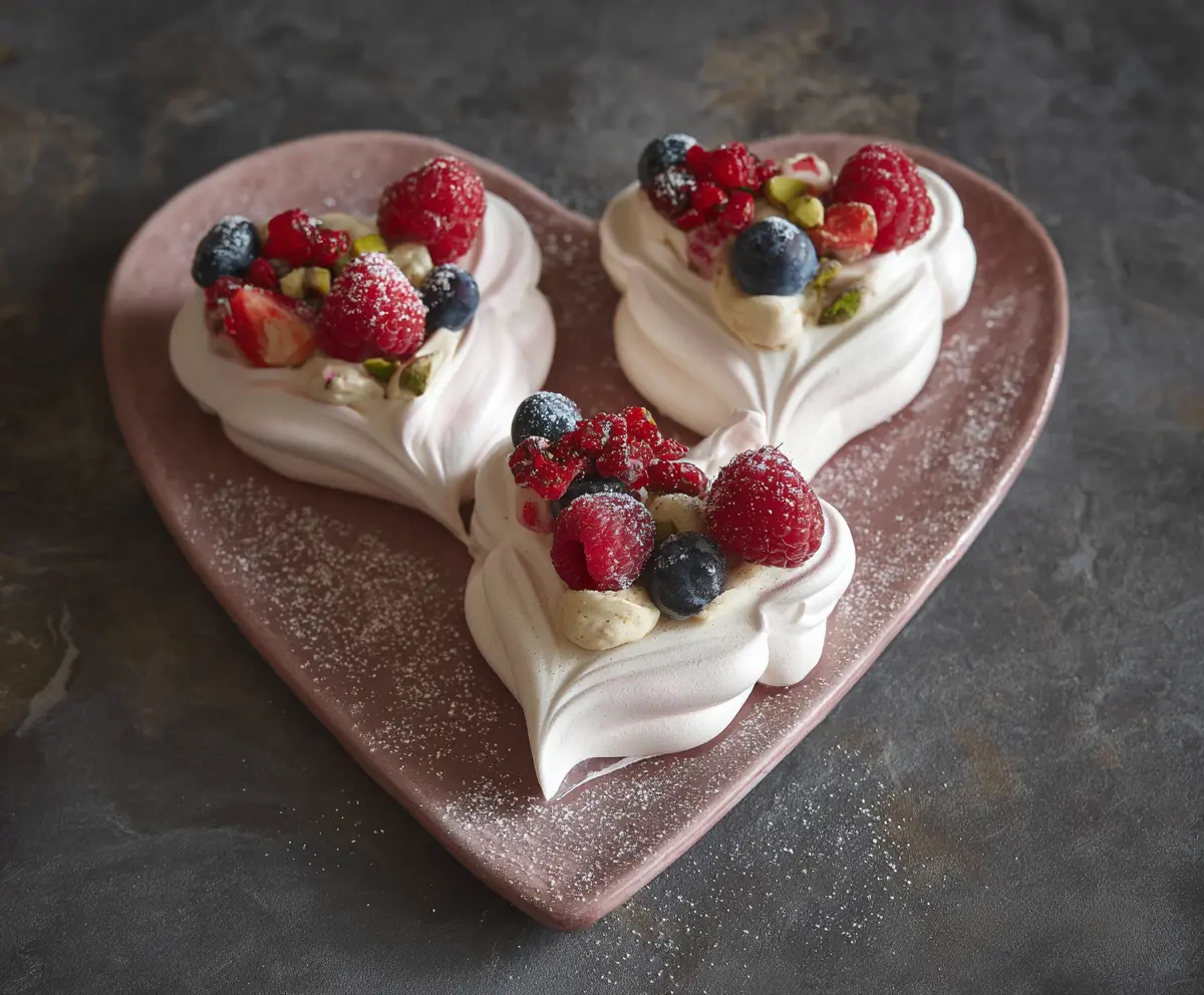 Delicious Mini Heart Pavlovas topped with fresh berries and whipped cream, perfect for romantic occasions.