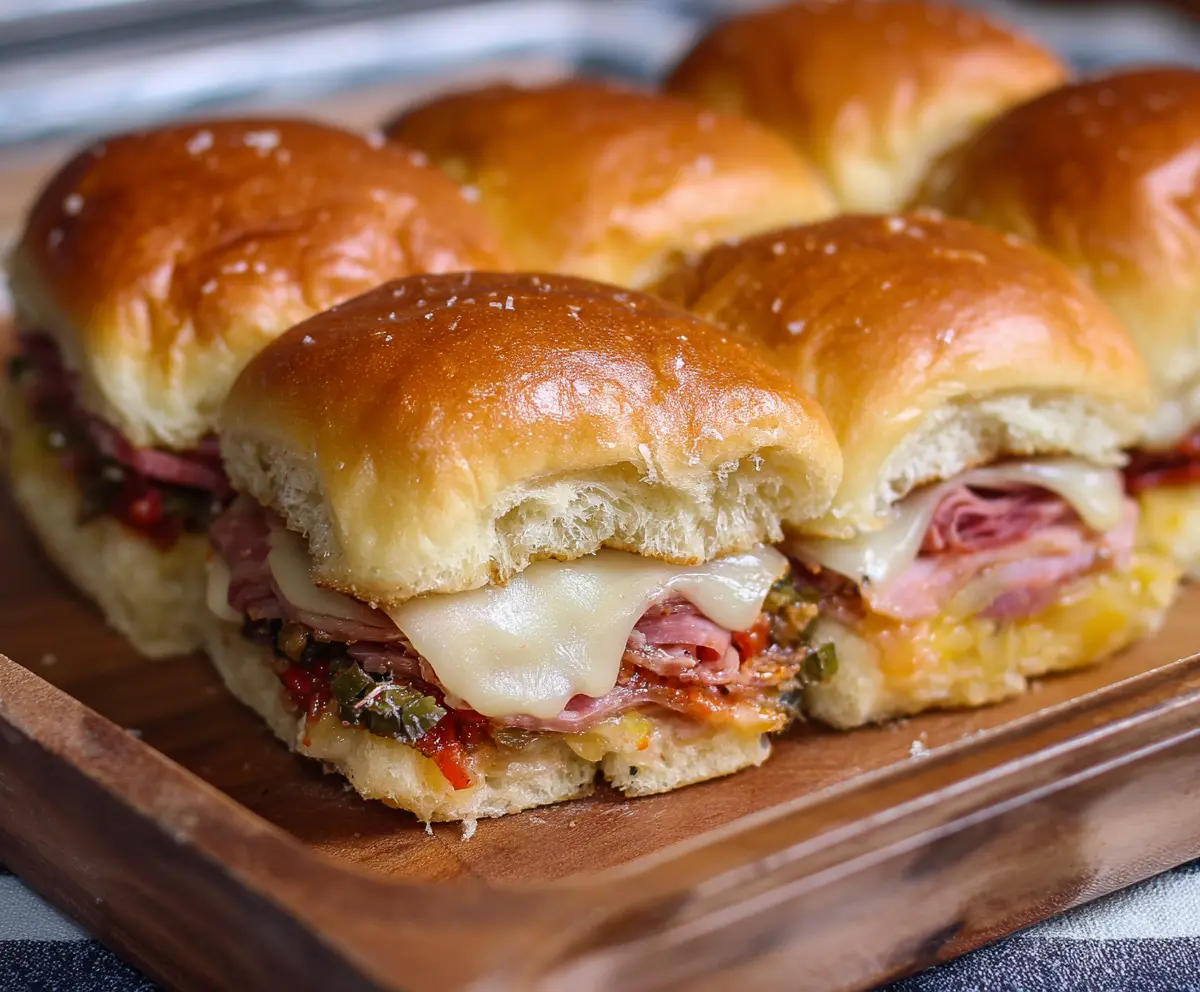 Delicious Muffuletta Sliders featuring Italian meats, cheeses, and marinated vegetables on mini sandwich buns.