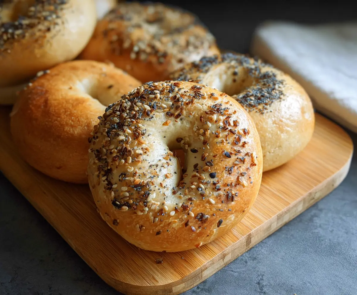 Fresh New York Style sourdough discard bagels on a wooden board, showcasing their golden crust and chewy interior.