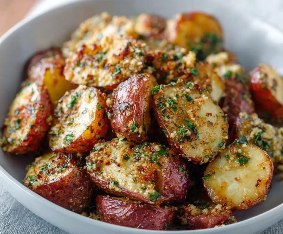 Delicious Parmesan garlic butter coated red potatoes, crispy and flavorful side dish.