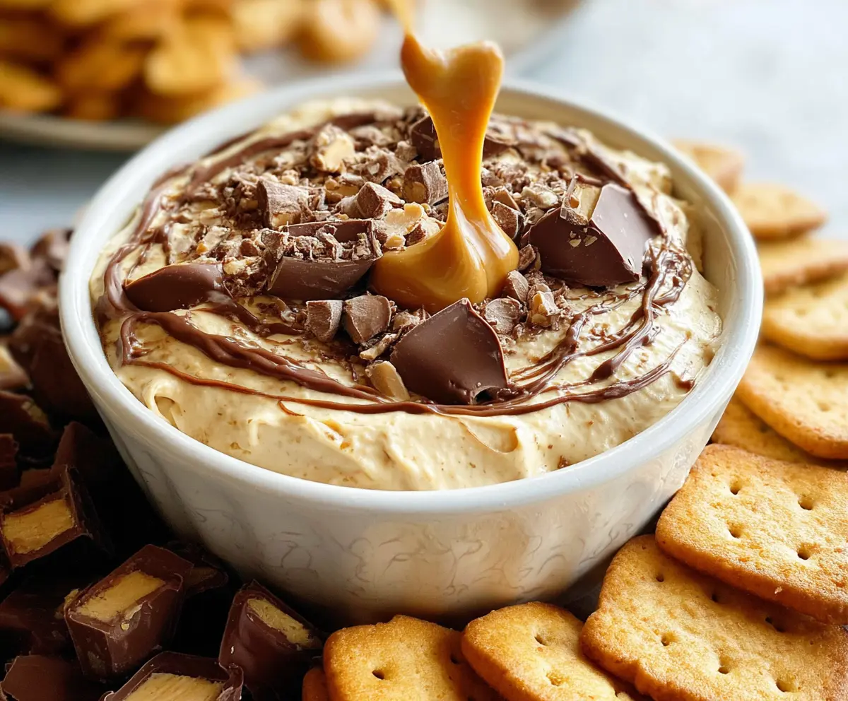 Creamy peanut butter cheesecake dip served with cookies and fruits for a sweet snack.