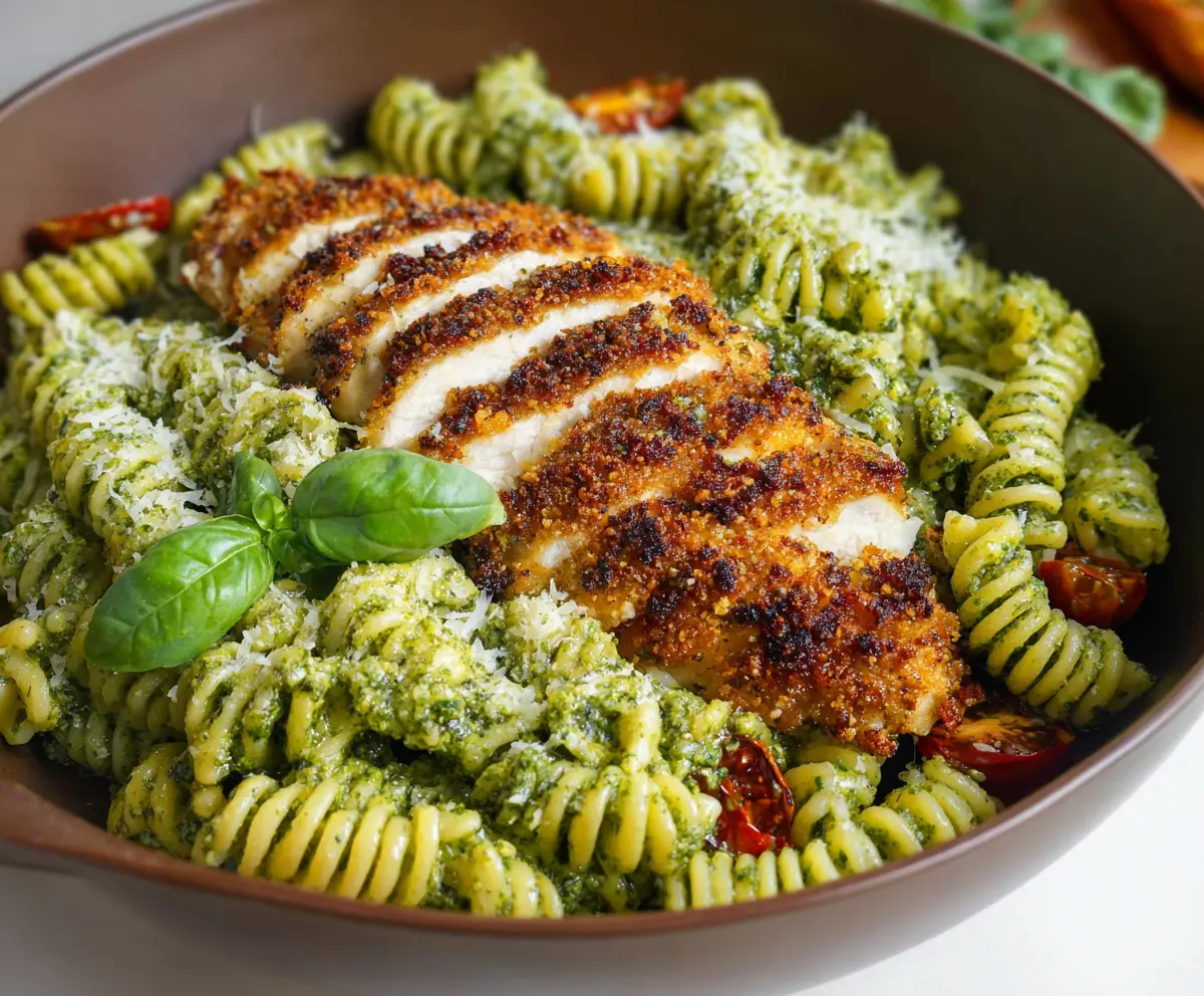 Delicious Pesto Pasta with Crispy Parmesan Chicken served on a plate for a flavorful meal.