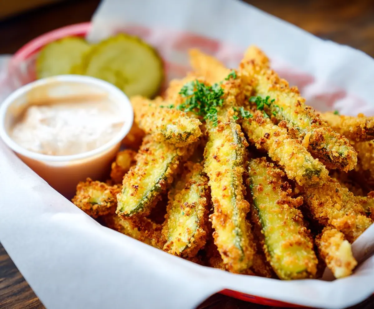 Crispy pickle fries served with dipping sauce on a plate, perfect for snack time.
