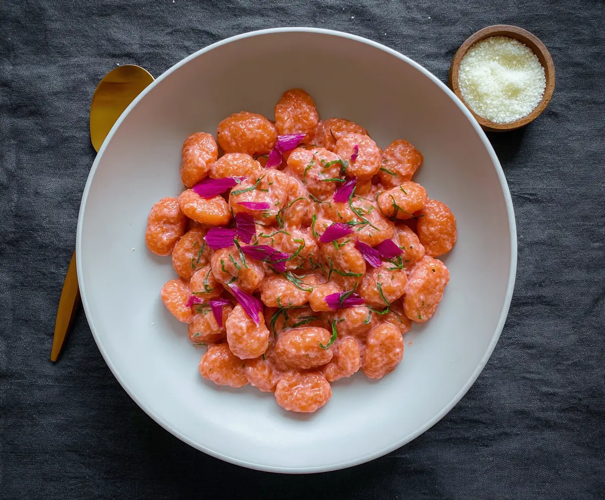 Vibrant pink gnocchi on a white plate garnished with herbs, showcasing a colorful gourmet dish.