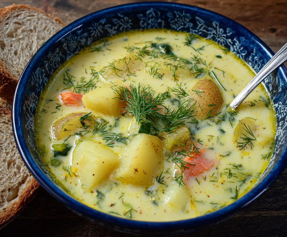 Delicious Polish dill soup with potatoes served in a bowl, garnished with fresh dill and herbs