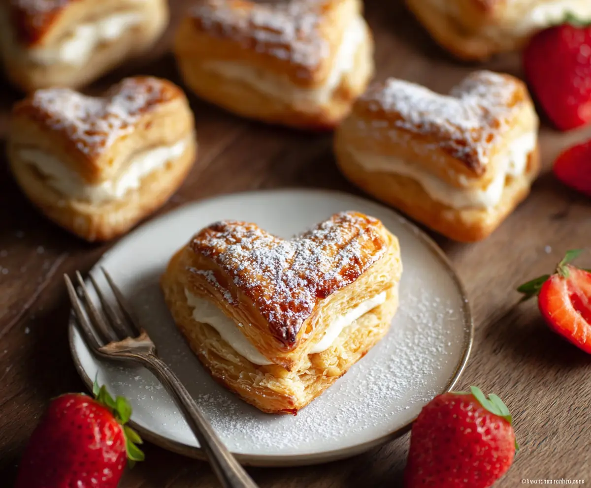 Golden puff pastry hearts with a flaky texture, perfect for Valentine's Day treats.
