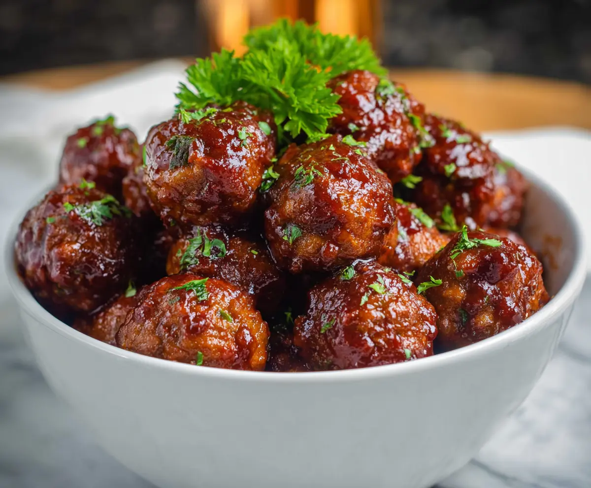 Delicious raspberry chipotle meatballs served on a platter, garnished with fresh herbs.