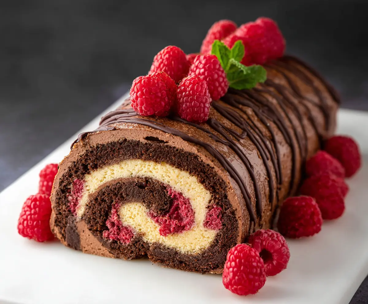 Delicious raspberry and chocolate Swiss roll dessert topped with fresh raspberries