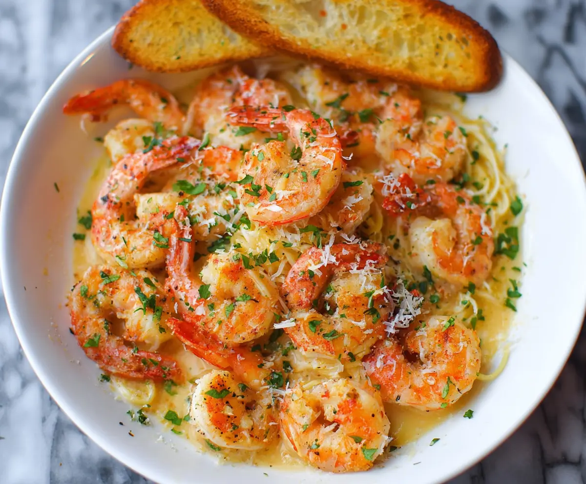 Delicious Red Lobster Shrimp Scampi served on a white plate with lemon wedges and fresh herbs.