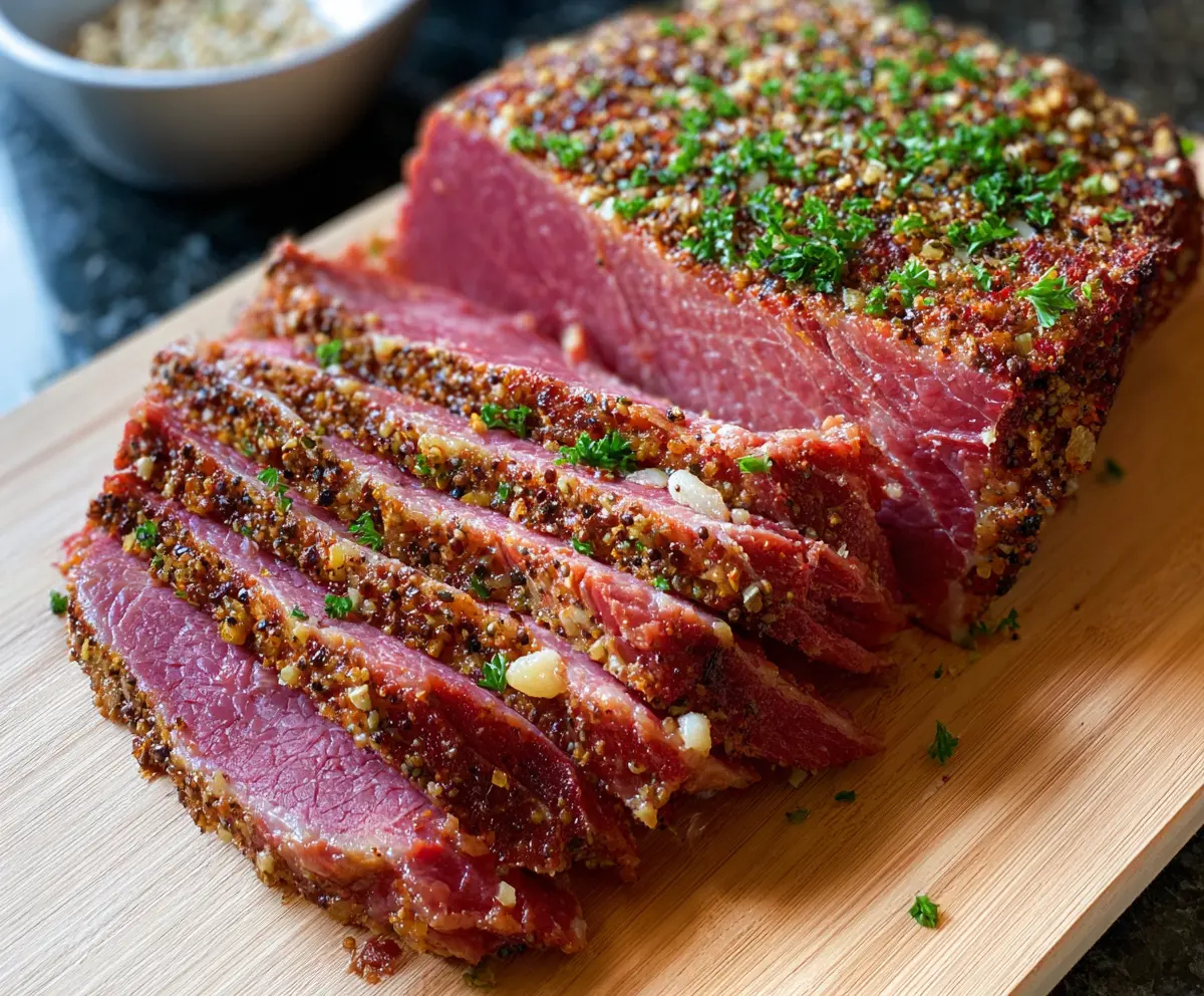 Delicious roasted corned beef served with fresh vegetables, perfect for a hearty meal.