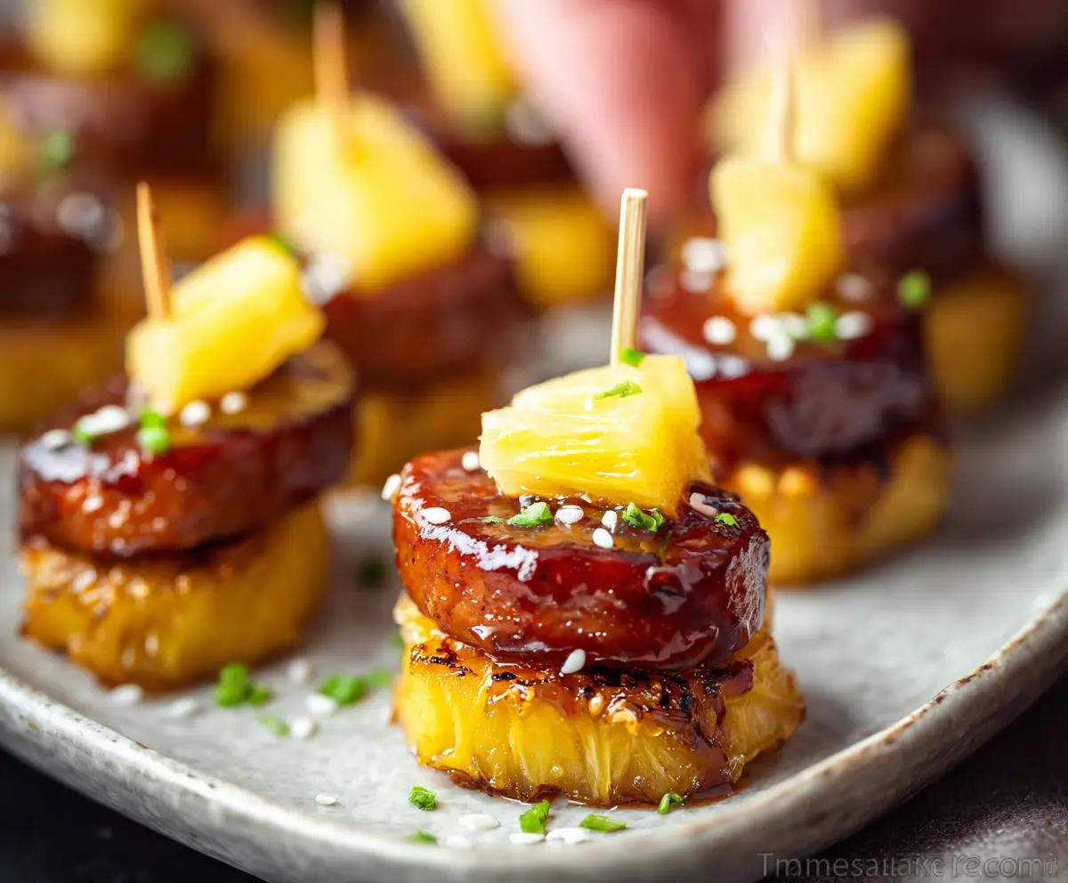Delicious Sausage Pineapple Bites, a savory appetizer with juicy pineapple chunks and seasoned sausage on a platter.