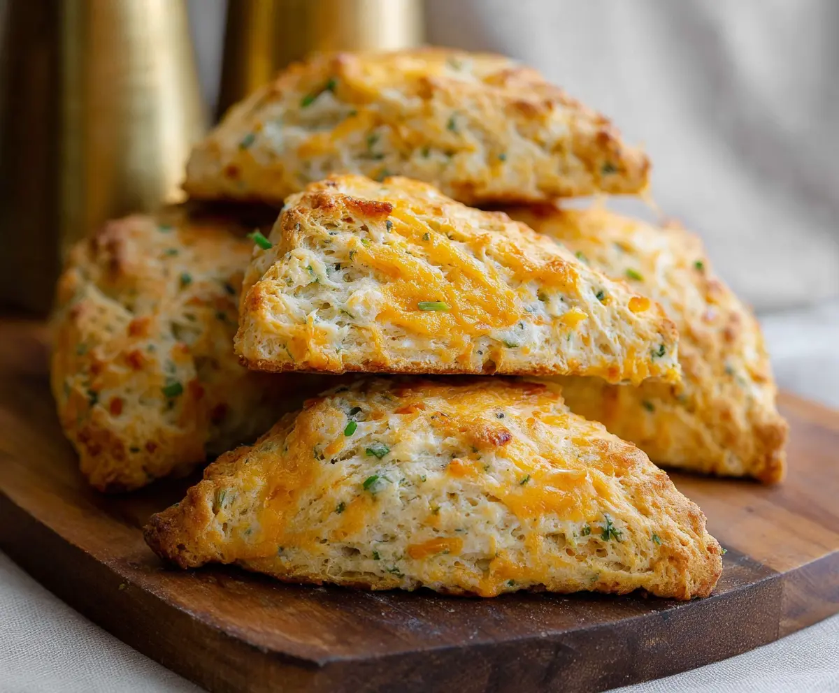 Golden homemade sourdough scones with sharp cheddar and fresh chives on a rustic wooden platter.