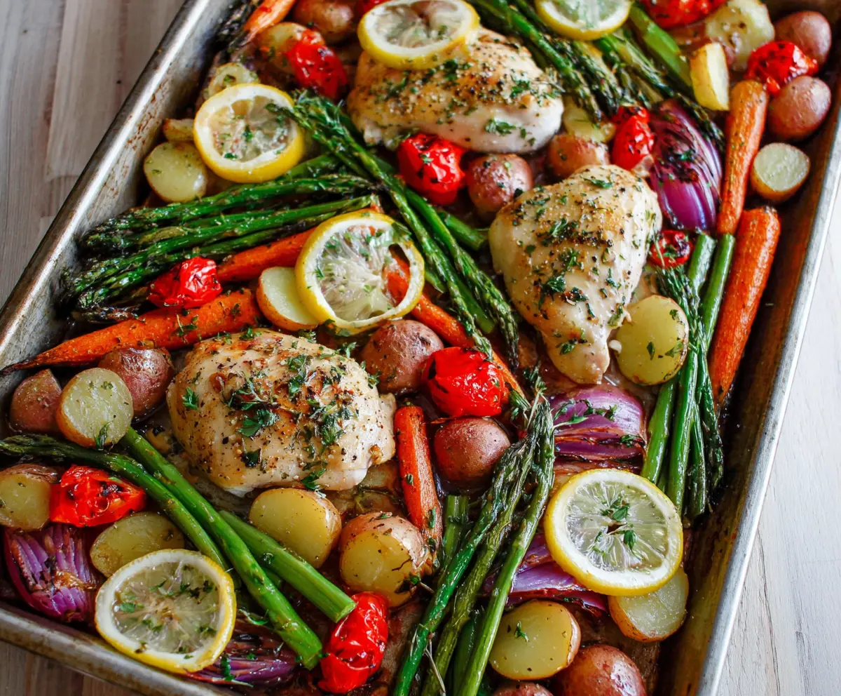 Delicious sheet pan lemon herb chicken with colorful vegetables on a baking tray
