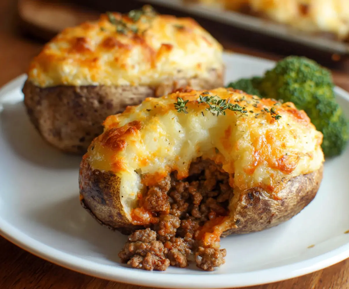 Delicious Shepherd's Pie Baked Potatoes topped with melted cheese and golden breadcrumbs.