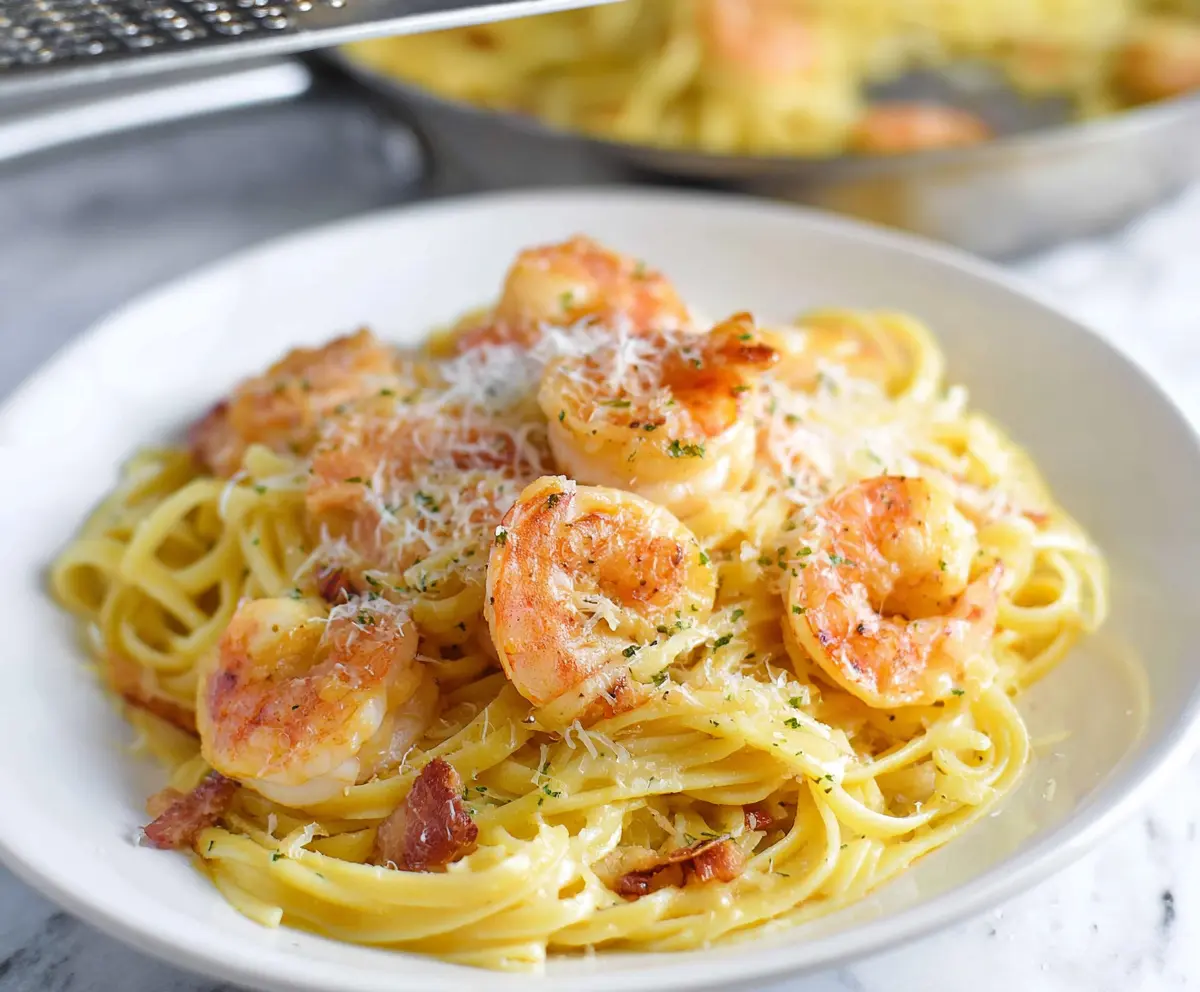 Delicious shrimp pasta carbonara served in a white bowl with fresh herbs