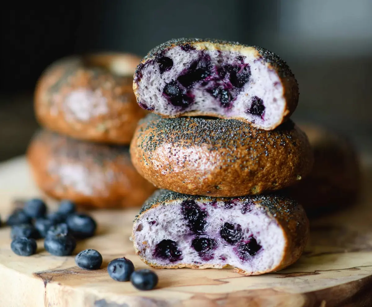 Delicious homemade sourdough blueberry bagels on a rustic wooden table.