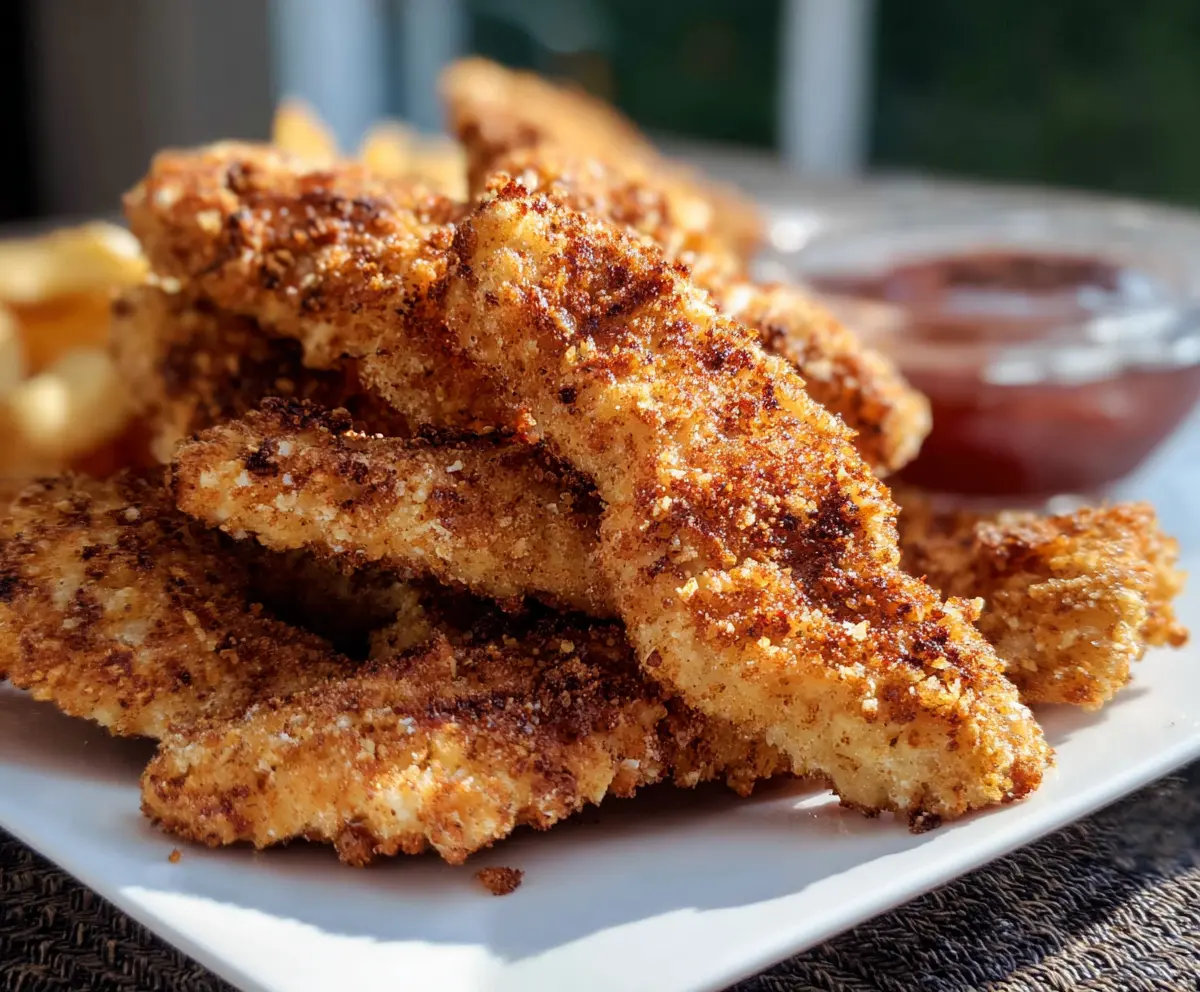 Golden fried sourdough discard chicken strips on a plate, crispy and tender.