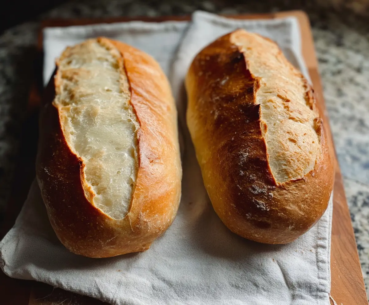 Homemade sourdough discard French bread on a rustic wooden cutting board with a golden crust.
