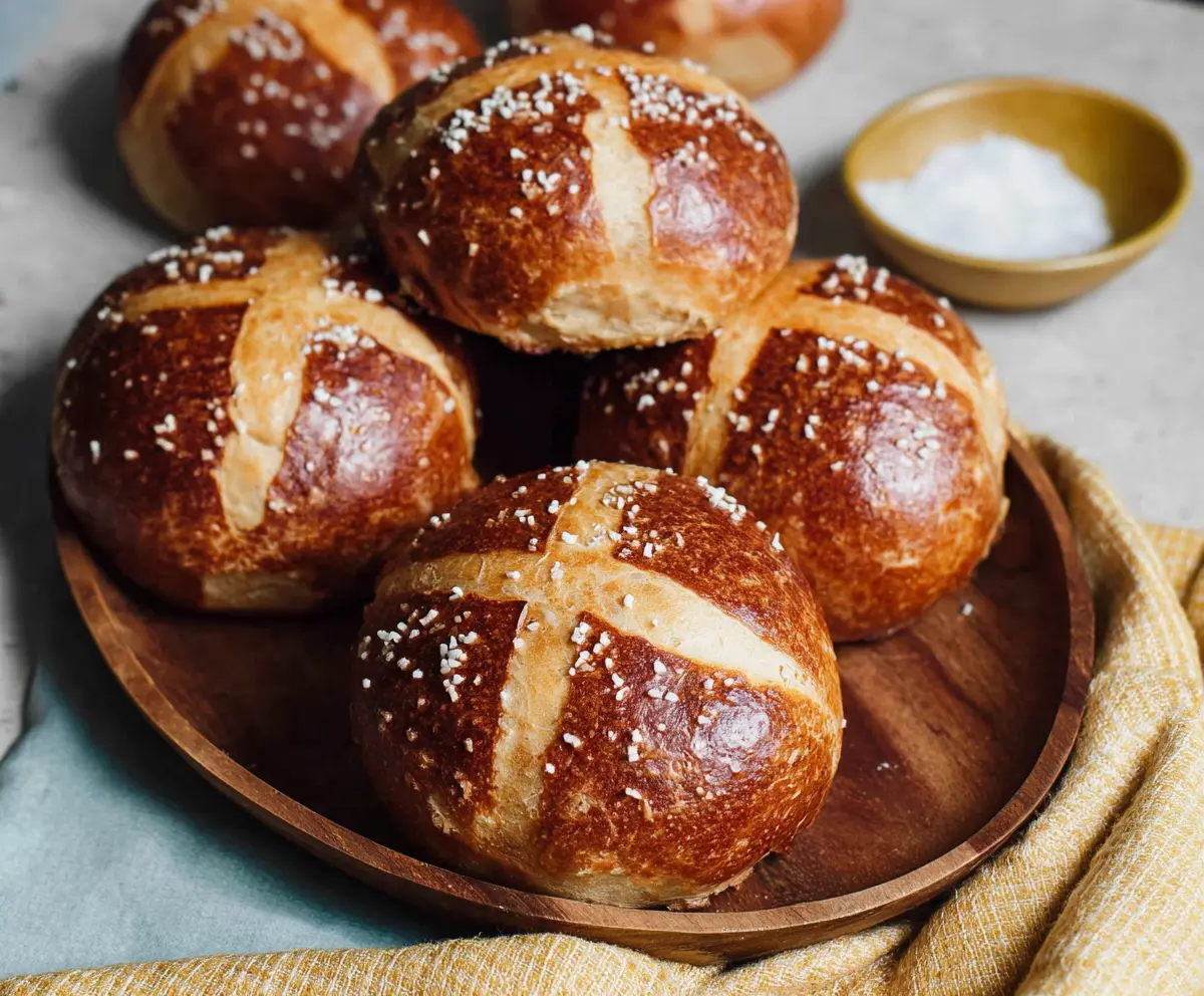 Homemade sourdough discard pretzel buns on a baking tray, golden brown and freshly baked.