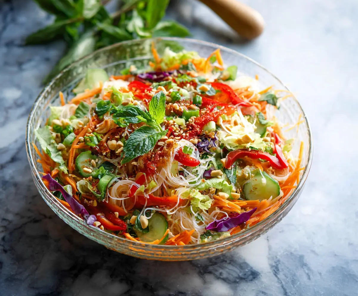 Fresh spring roll salad topped with colorful vegetables and served with spicy ginger dressing.