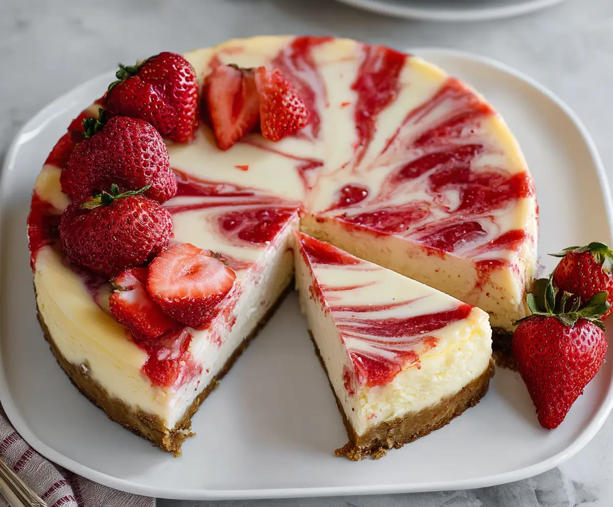 Delicious Strawberry Swirl Cheesecake with a vibrant strawberry topping and creamy cheesecake base.