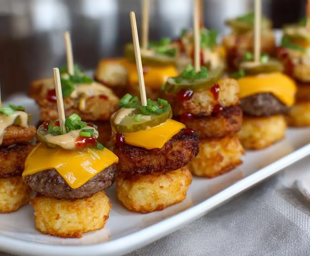 Delicious Tater Tot Mini Cheeseburger Bites with melted cheese and savory toppings.