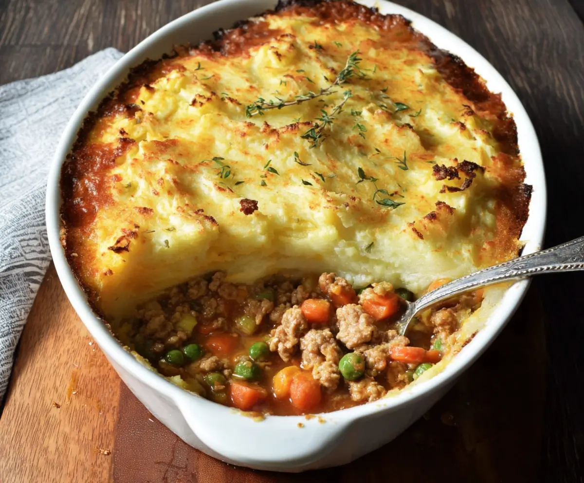 Delicious homemade Turkey Shepherd's Pie topped with mashed potatoes and savory turkey filling.