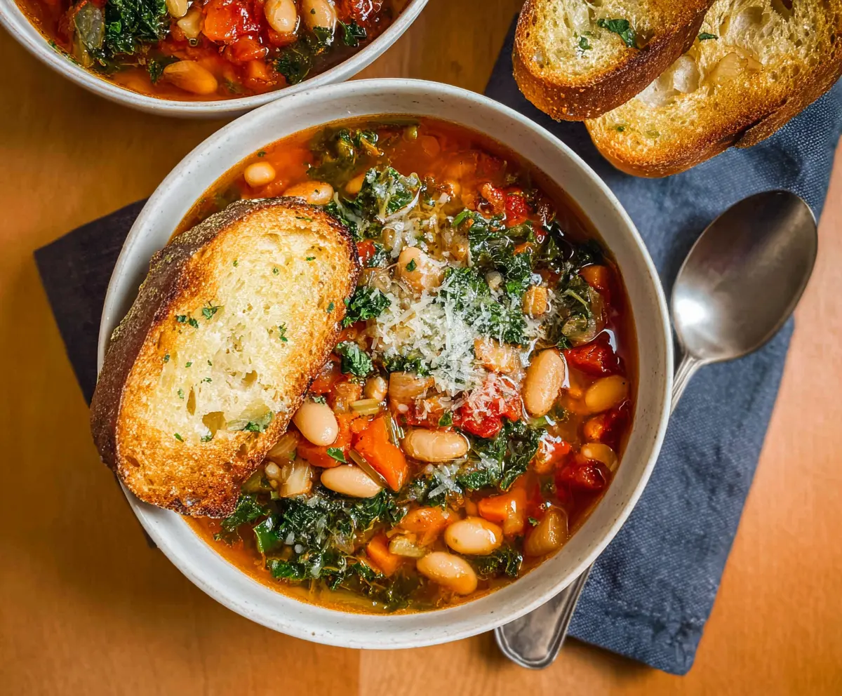 Hearty Tuscan Ribollita soup with fresh vegetables and bread served in a rustic bowl