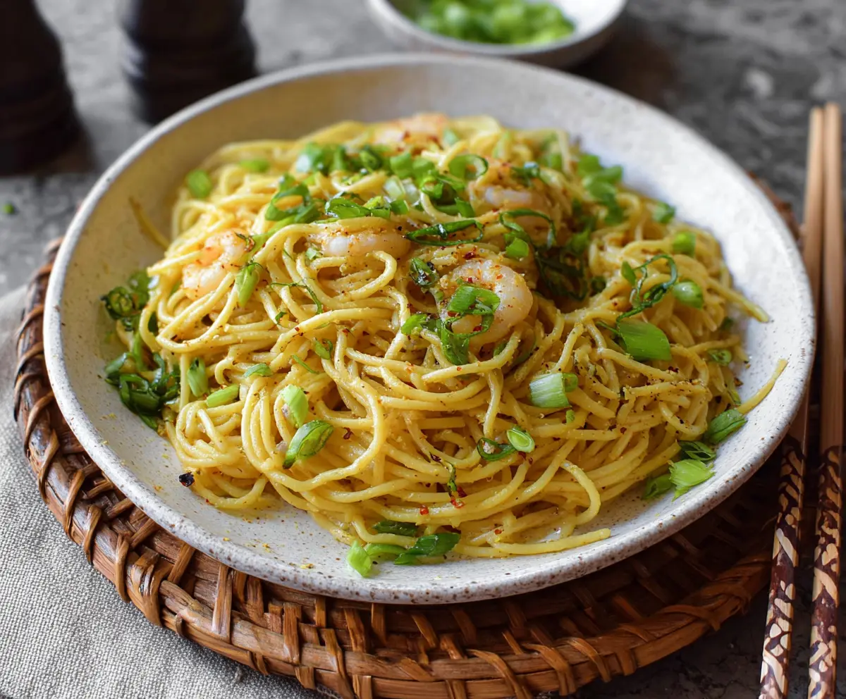 Delicious Vietnamese Garlic Noodles topped with fresh herbs and fragrant garlic.