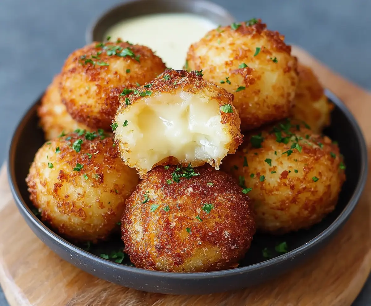 Crispy Air Fryer Cheesy Mashed Potato Balls with melted cheese filling on a plate.