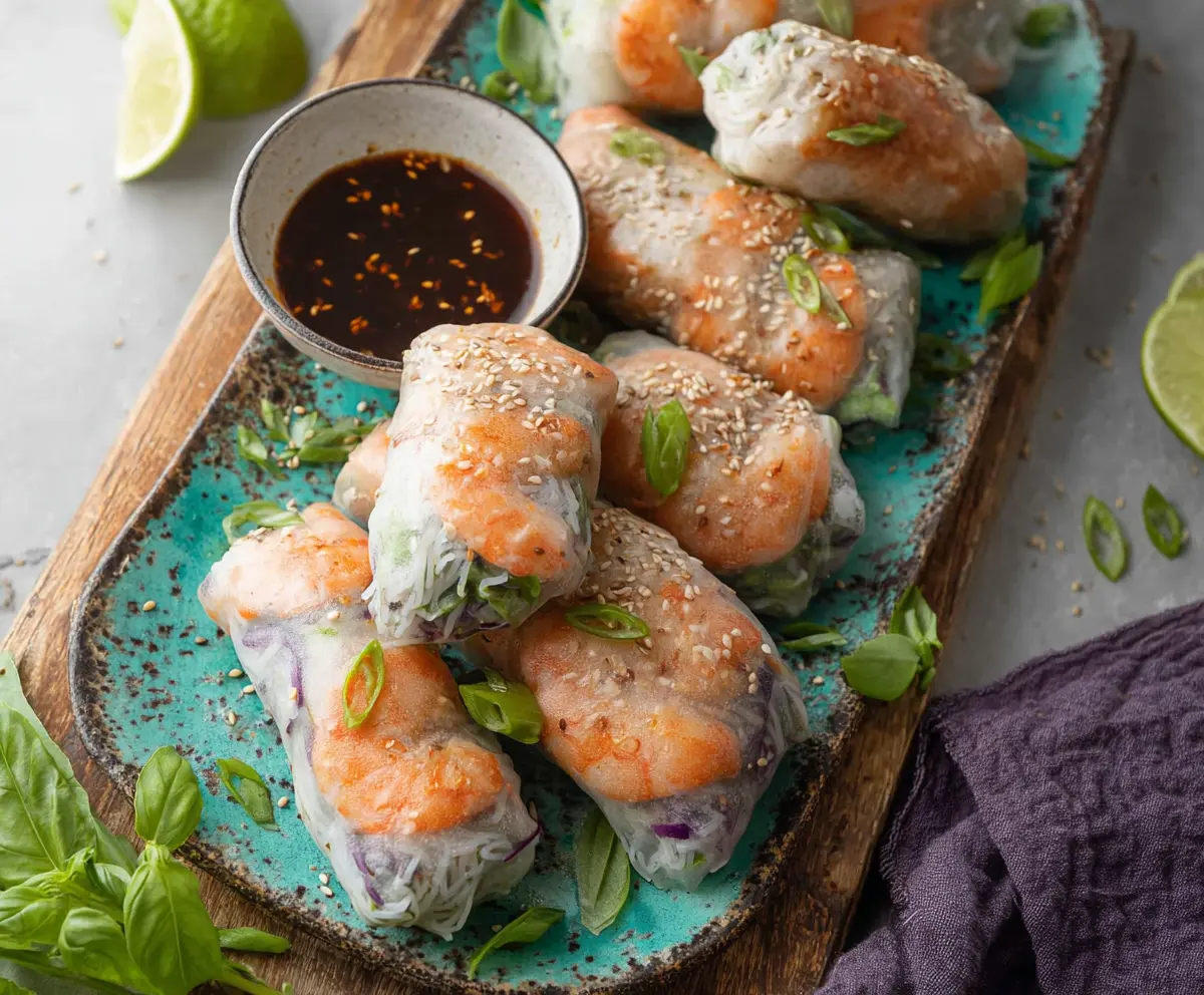 Air Fryer Shrimp Rice Paper Rolls on a plate, showcasing crispy and fresh seafood snack with vibrant ingredients.