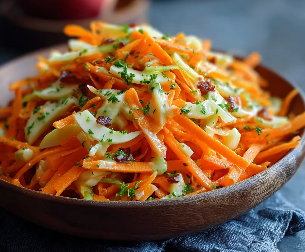 Fresh apple and carrot salad topped with creamy citrus dressing, perfect for a healthy snack or side dish.